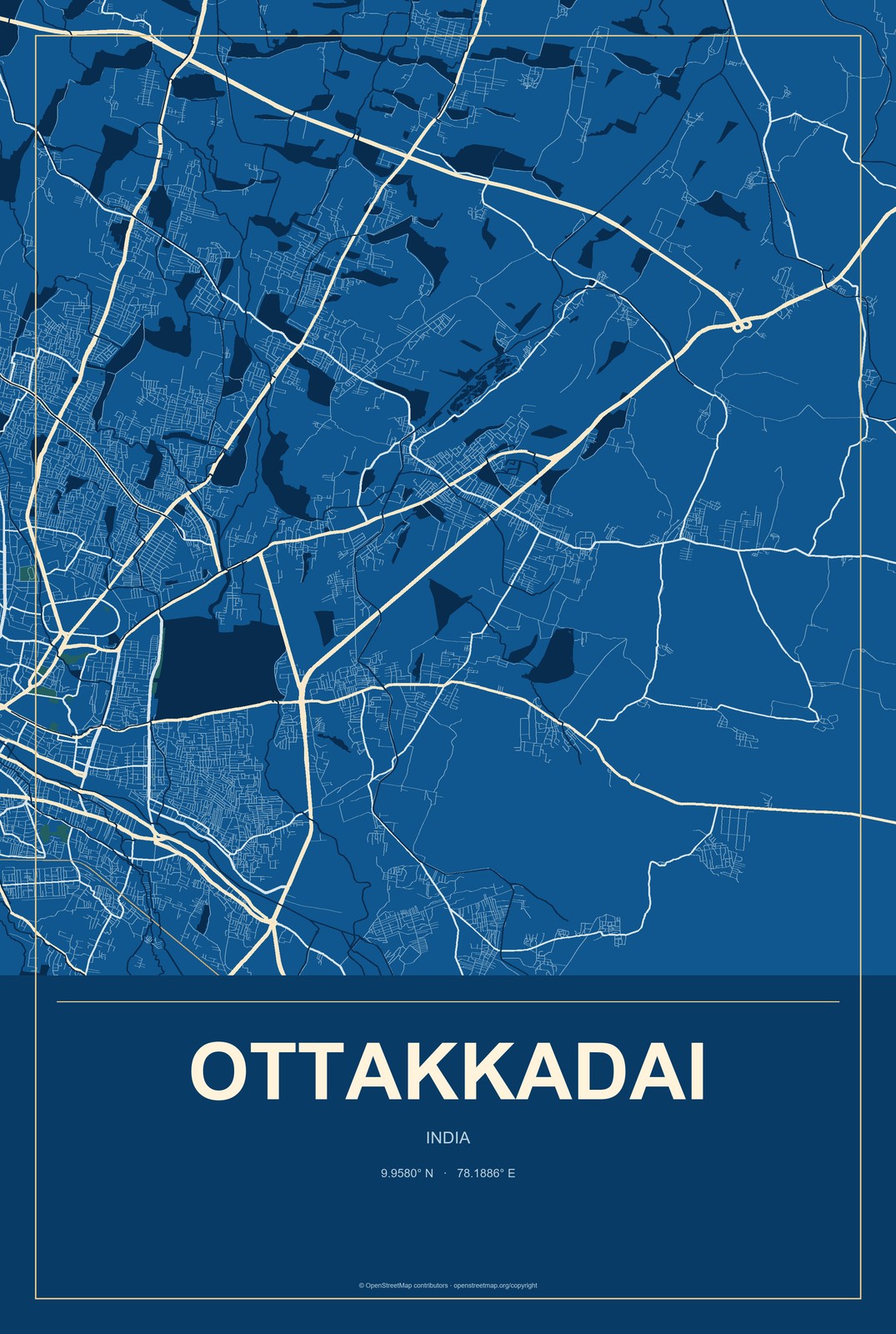 Ottakkadai, India City Map Aluminum Sign in Harbor Cobalt style