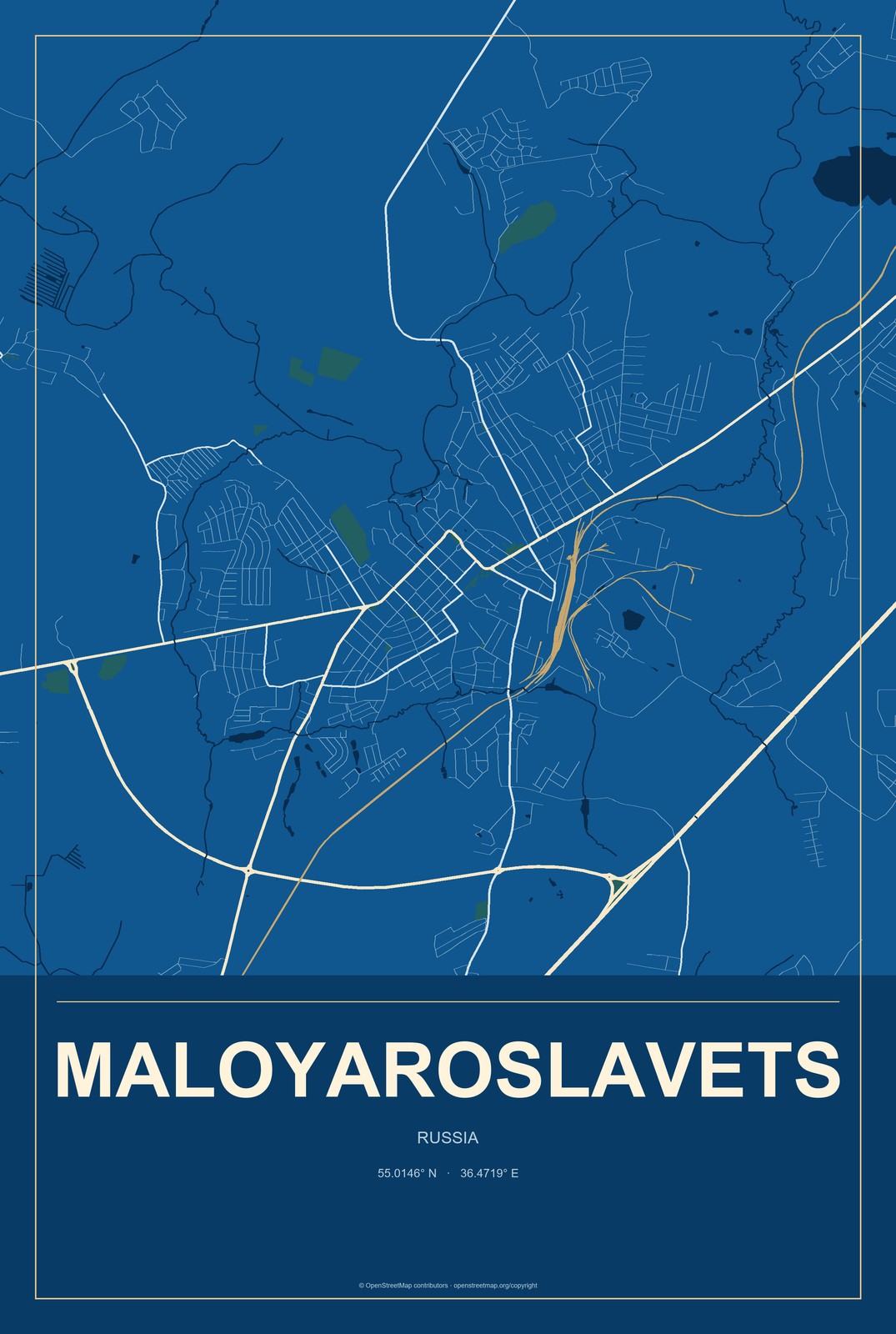 Maloyaroslavets, Russia City Map Aluminum Sign in Harbor Cobalt style