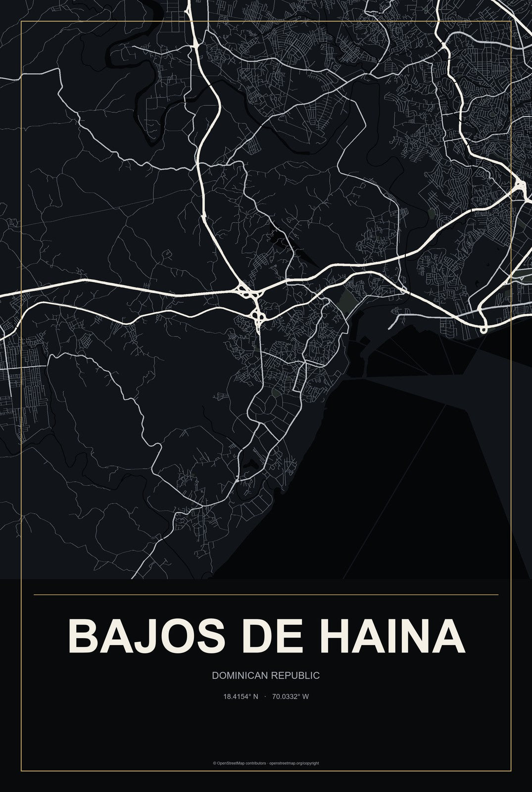 Bajos de Haina, Dominican Republic City Map Aluminum Sign in Metropolitan Noir style