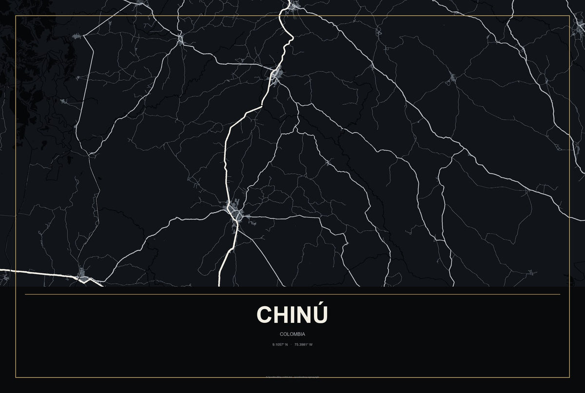 Chinú, Colombia City Map Aluminum Sign in Metropolitan Noir style