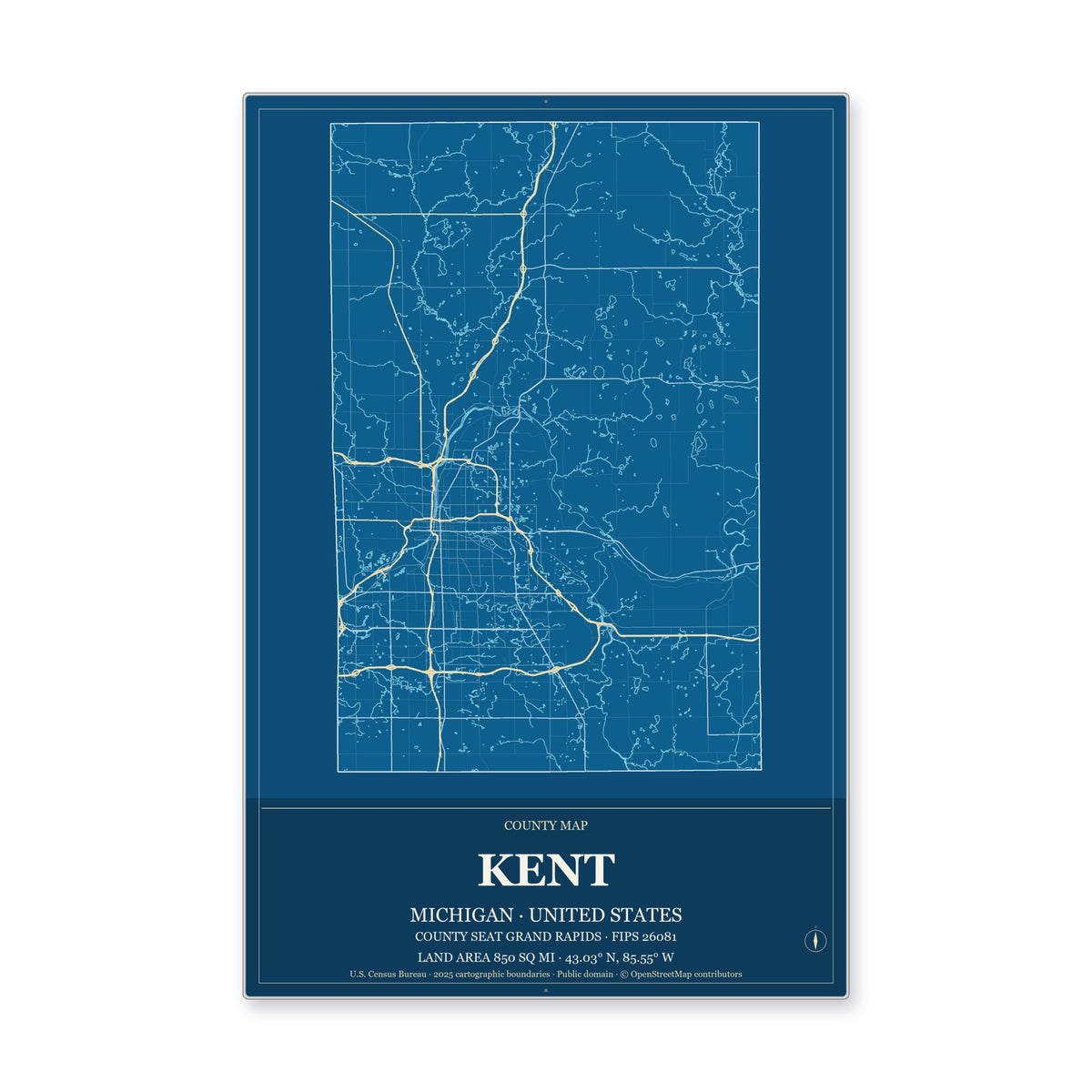 Kent County, Michigan Map Aluminum Sign in Harbor Cobalt style