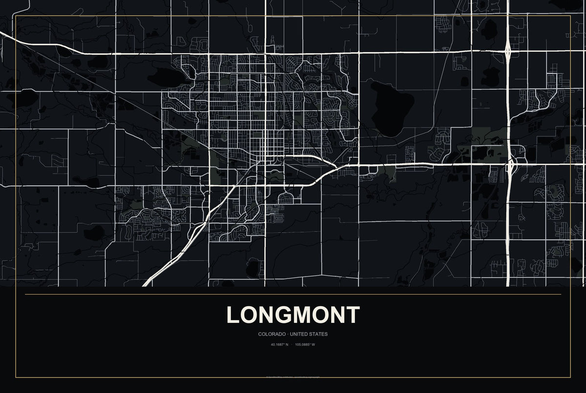 Longmont, Colorado City Map Aluminum Sign in Metropolitan Noir style