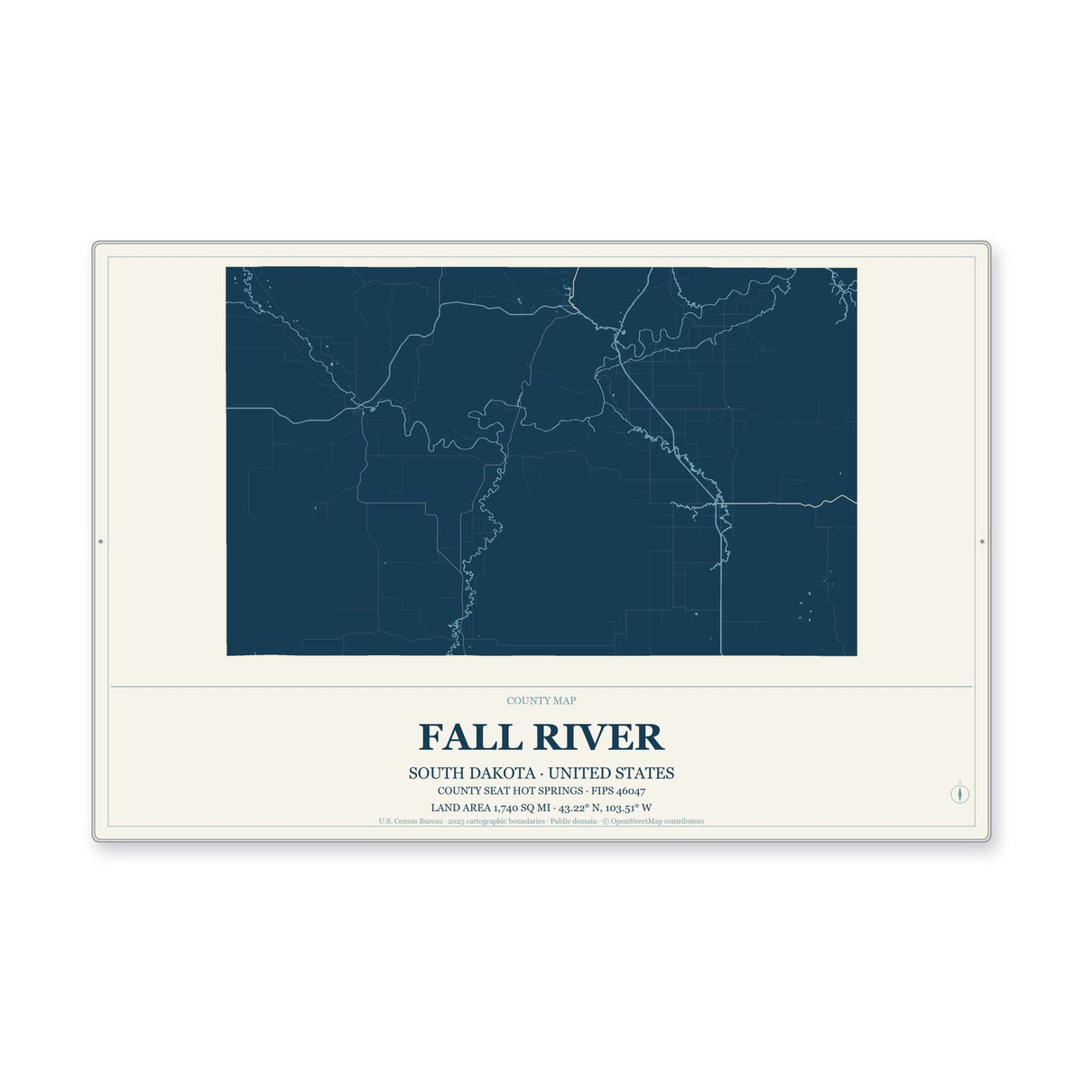 Fall River County, South Dakota Map Aluminum Sign in Coastal Cutout style