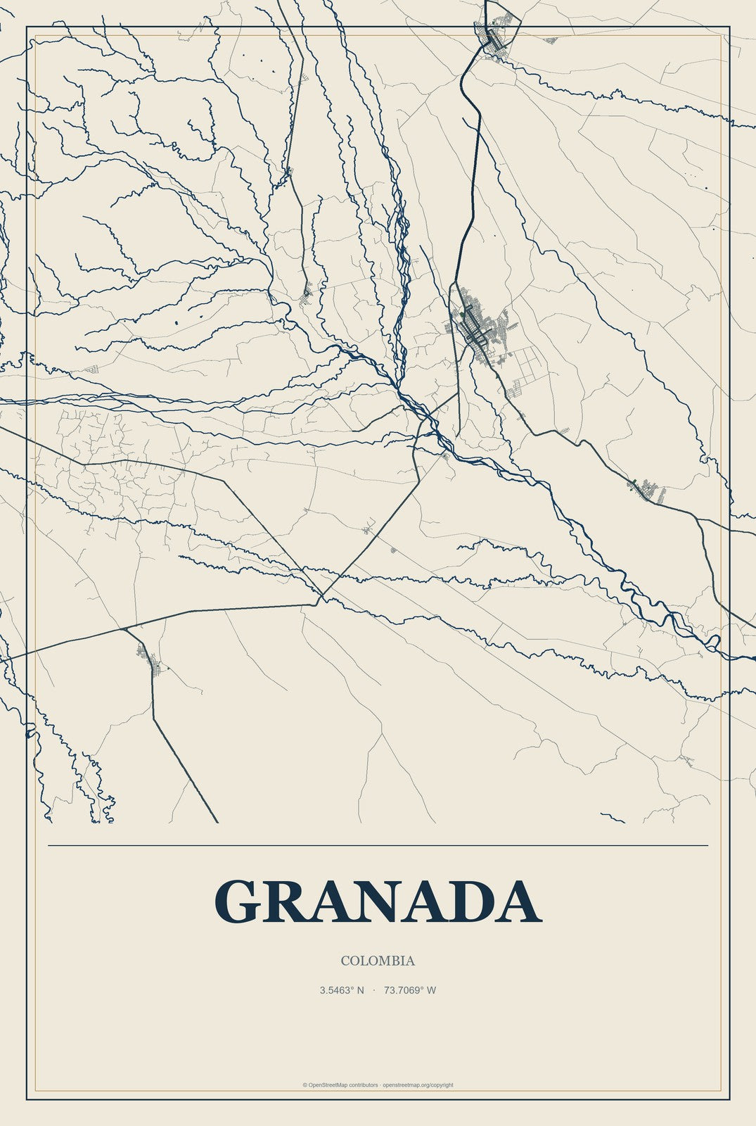 Granada, Colombia City Map Aluminum Sign in Coastal Cutout style