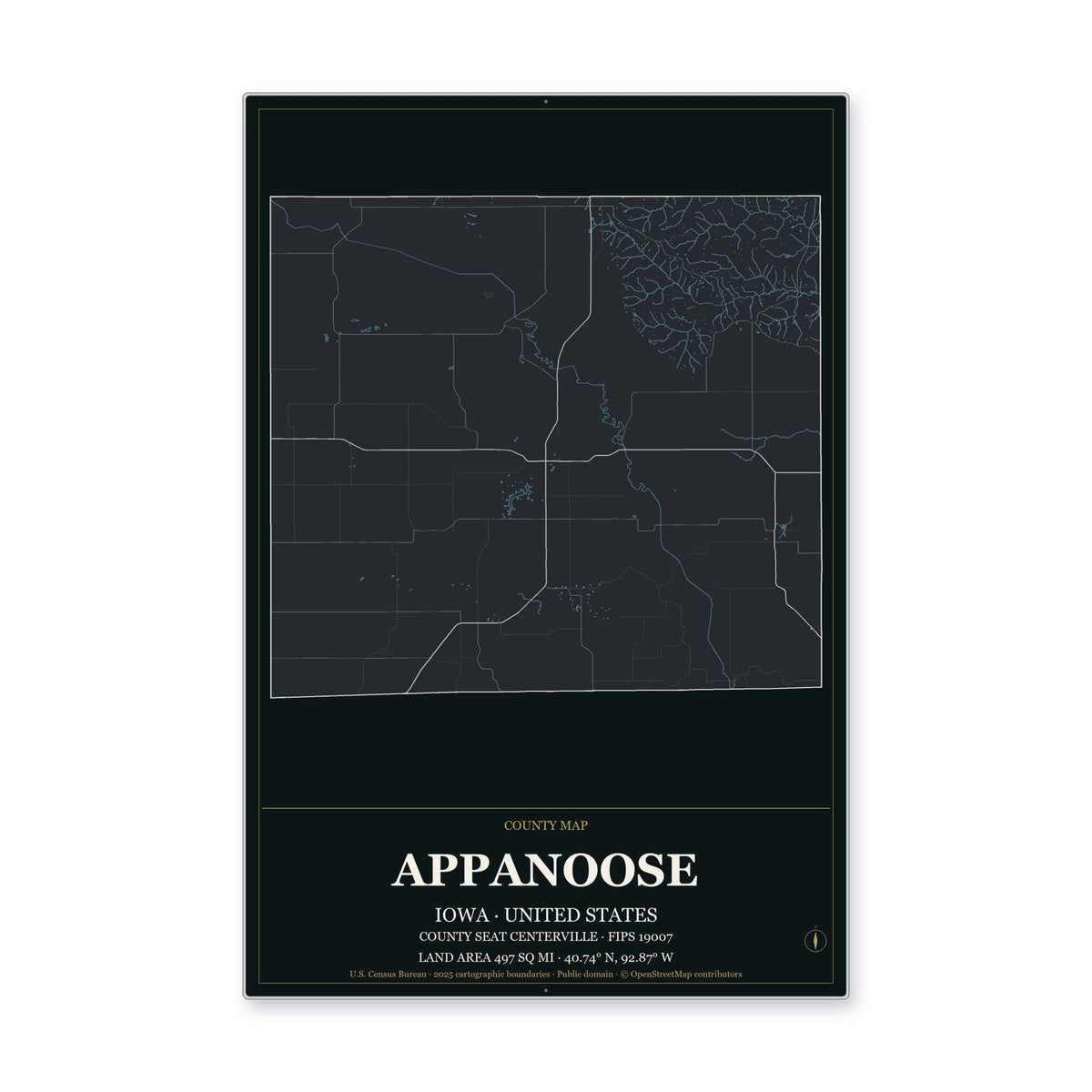 Appanoose County, Iowa Map Aluminum Sign in Metropolitan Noir style