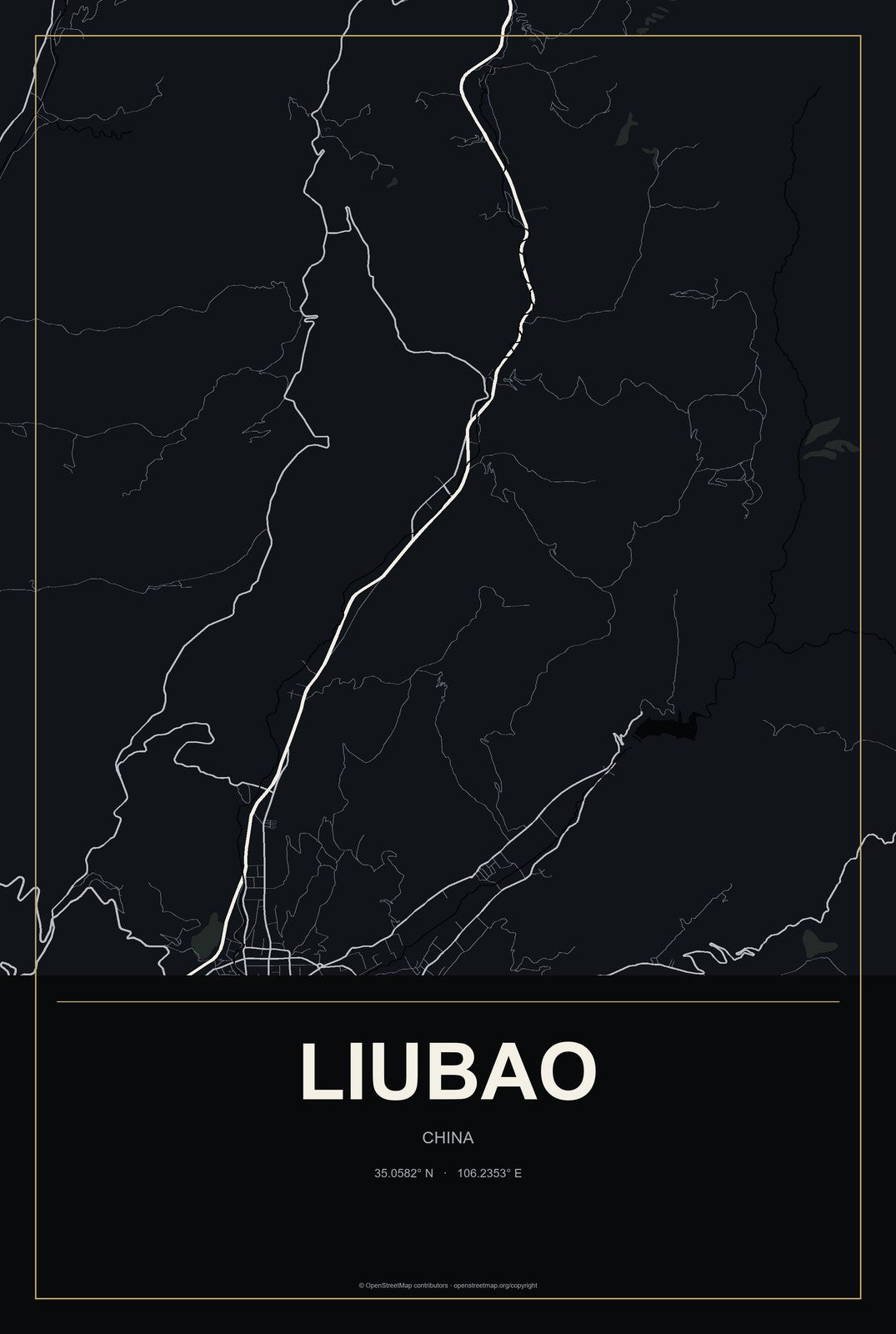 Liubao, China City Map Aluminum Sign in Metropolitan Noir style