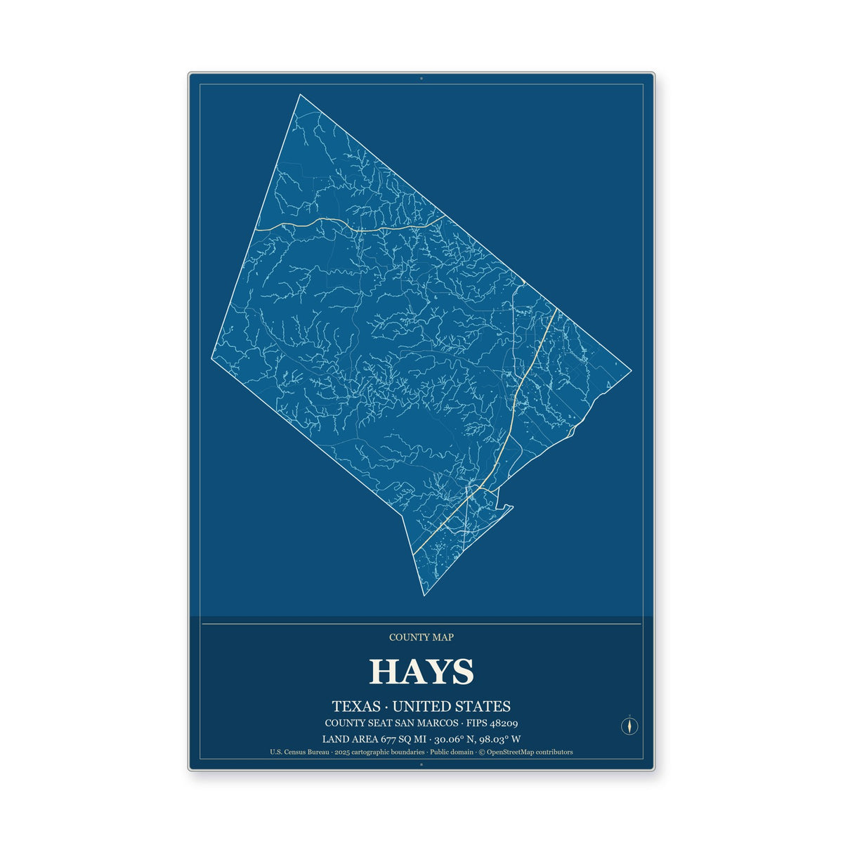 Hays County, Texas Map Aluminum Sign in Harbor Cobalt style