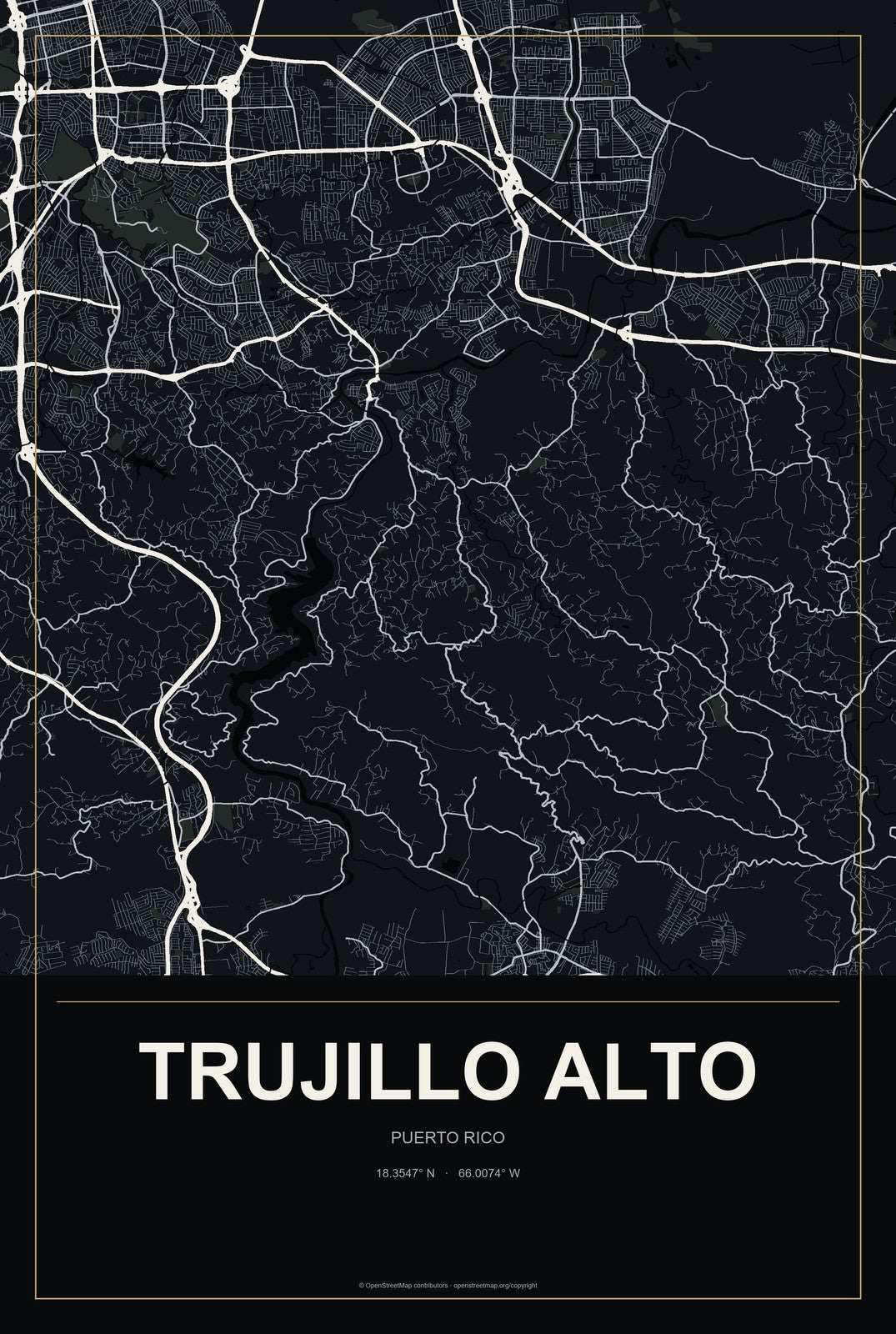 Trujillo Alto, Puerto Rico City Map Aluminum Sign in Metropolitan Noir style