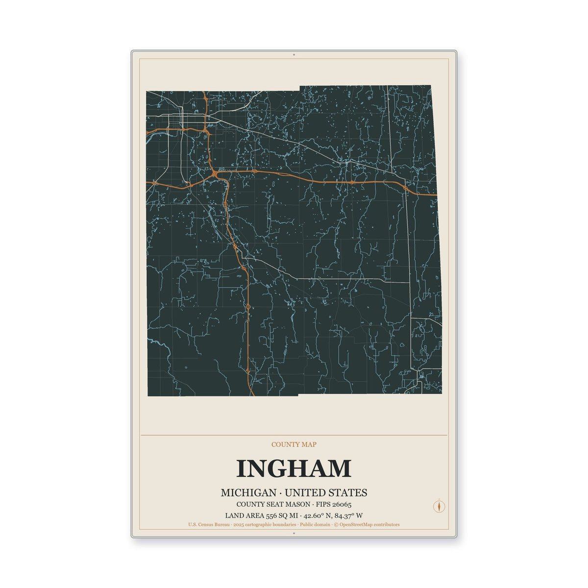 Ingham County, Michigan Map Aluminum Sign in Headline Atlas style