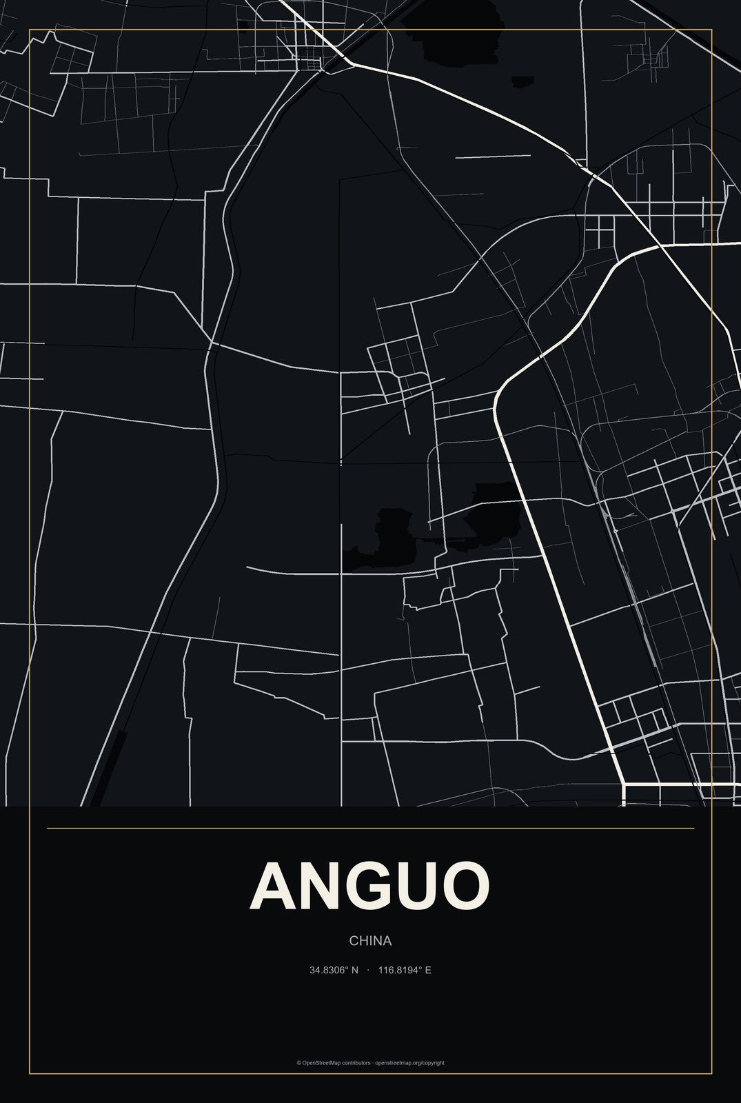 Anguo, China City Map Aluminum Sign in Metropolitan Noir style