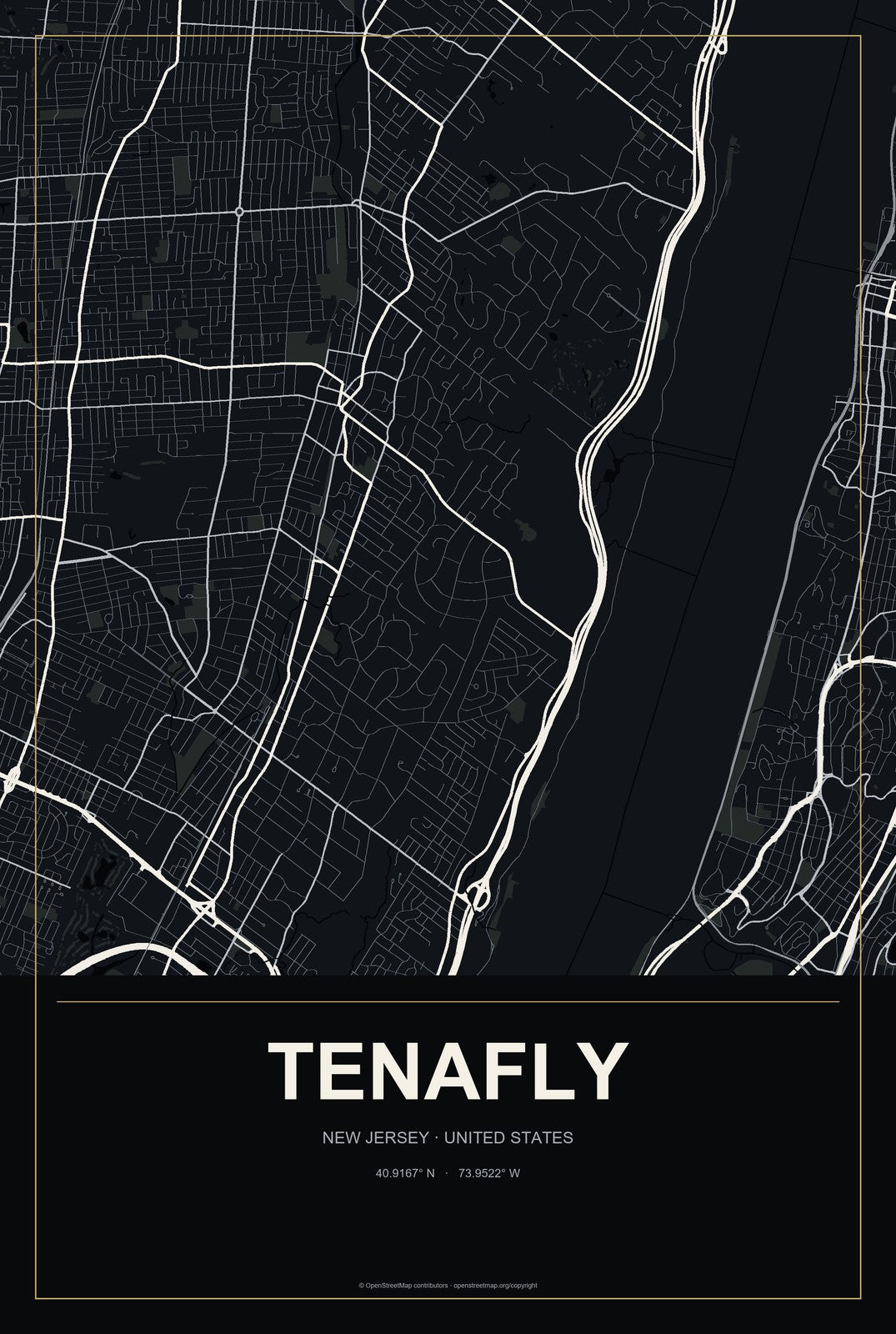Tenafly, New Jersey City Map Aluminum Sign in Metropolitan Noir style