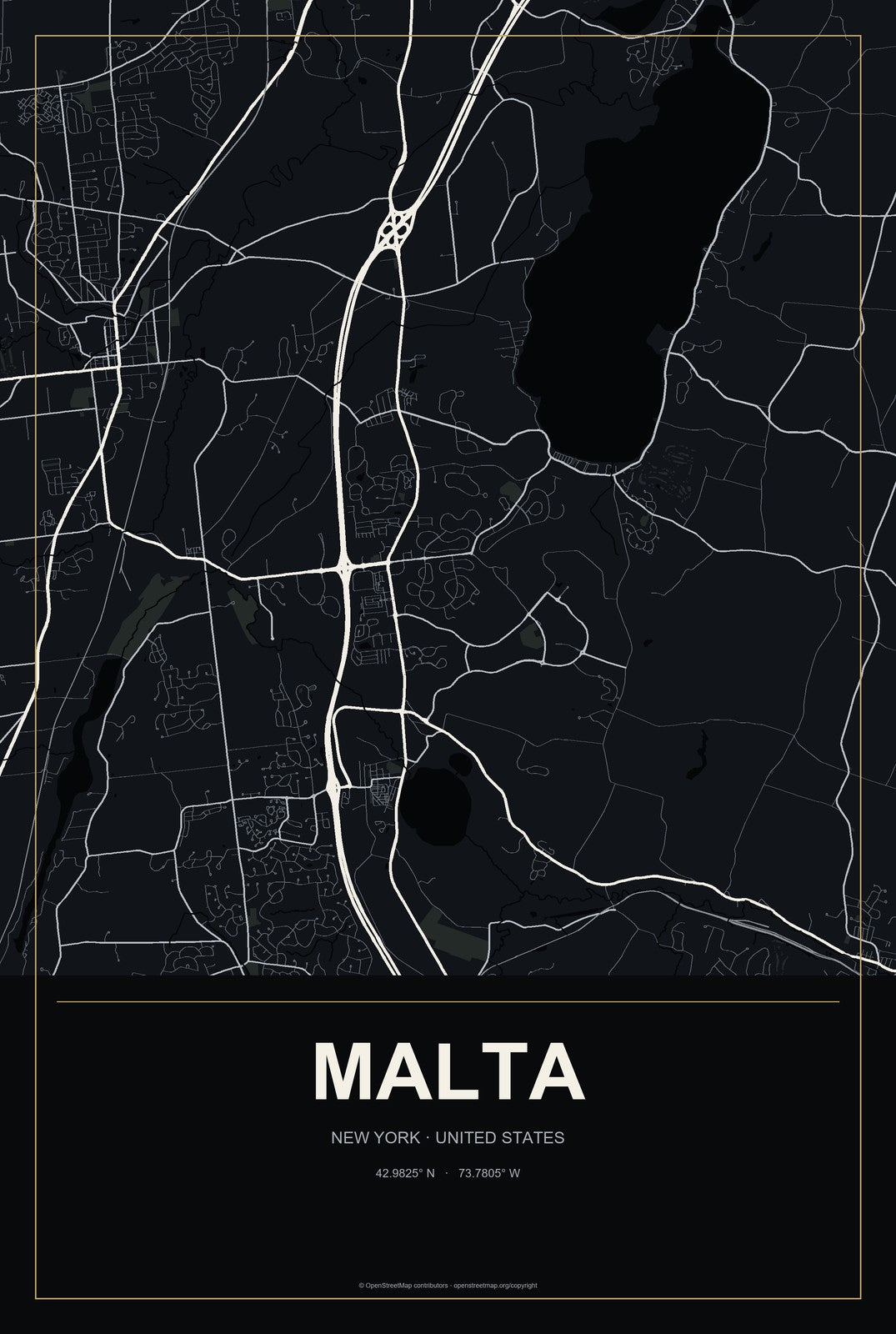 Malta, New York City Map Aluminum Sign in Metropolitan Noir style