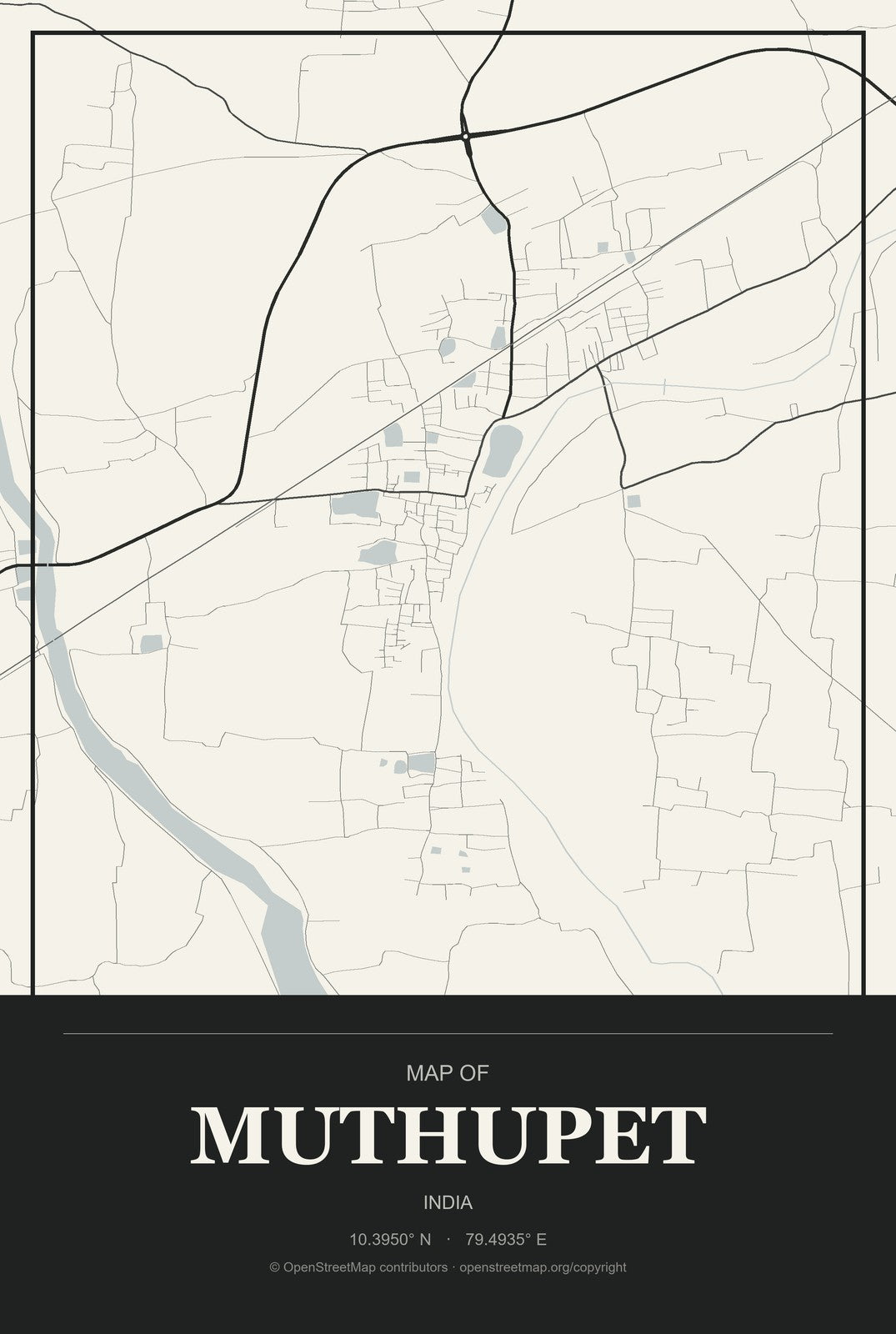 Muthupet, India City Map Aluminum Sign in Museum Plaque style