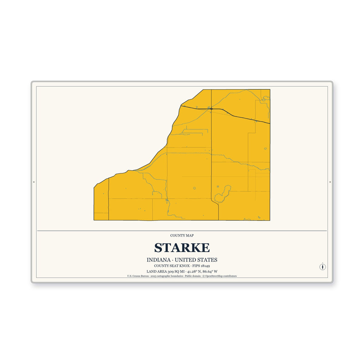 Starke County, Indiana Map Aluminum Sign in Citrine Modern style