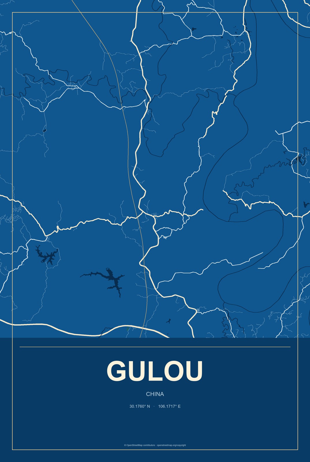 Gulou, China City Map Aluminum Sign in Harbor Cobalt style