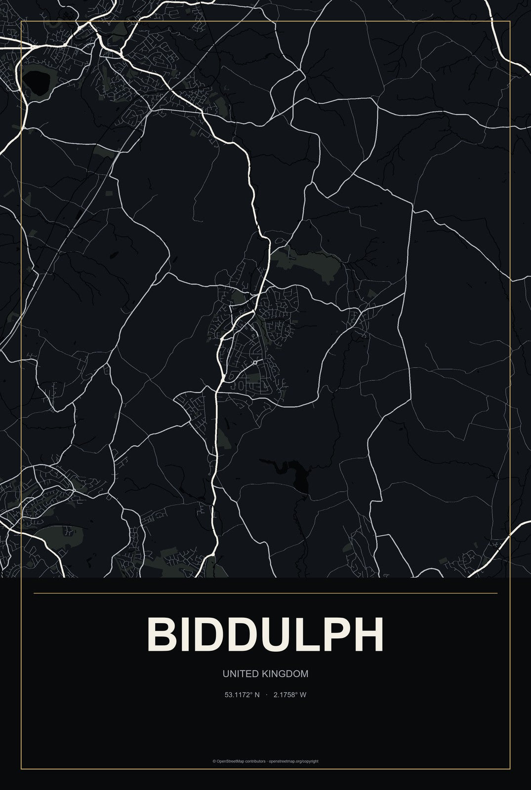 Biddulph, United Kingdom City Map Aluminum Sign in Metropolitan Noir style