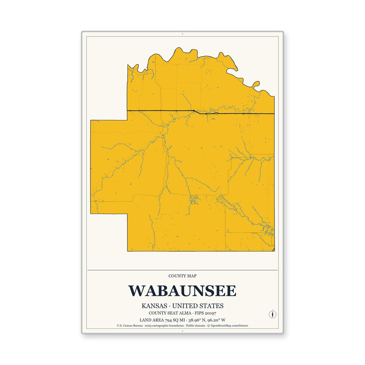 Wabaunsee County, Kansas Map Aluminum Sign in Citrine Modern style