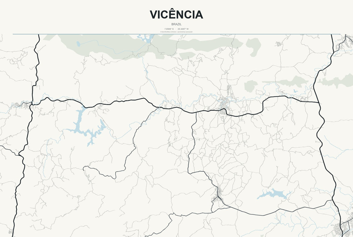 Vicência, Brazil City Map Aluminum Sign in Headline Atlas style
