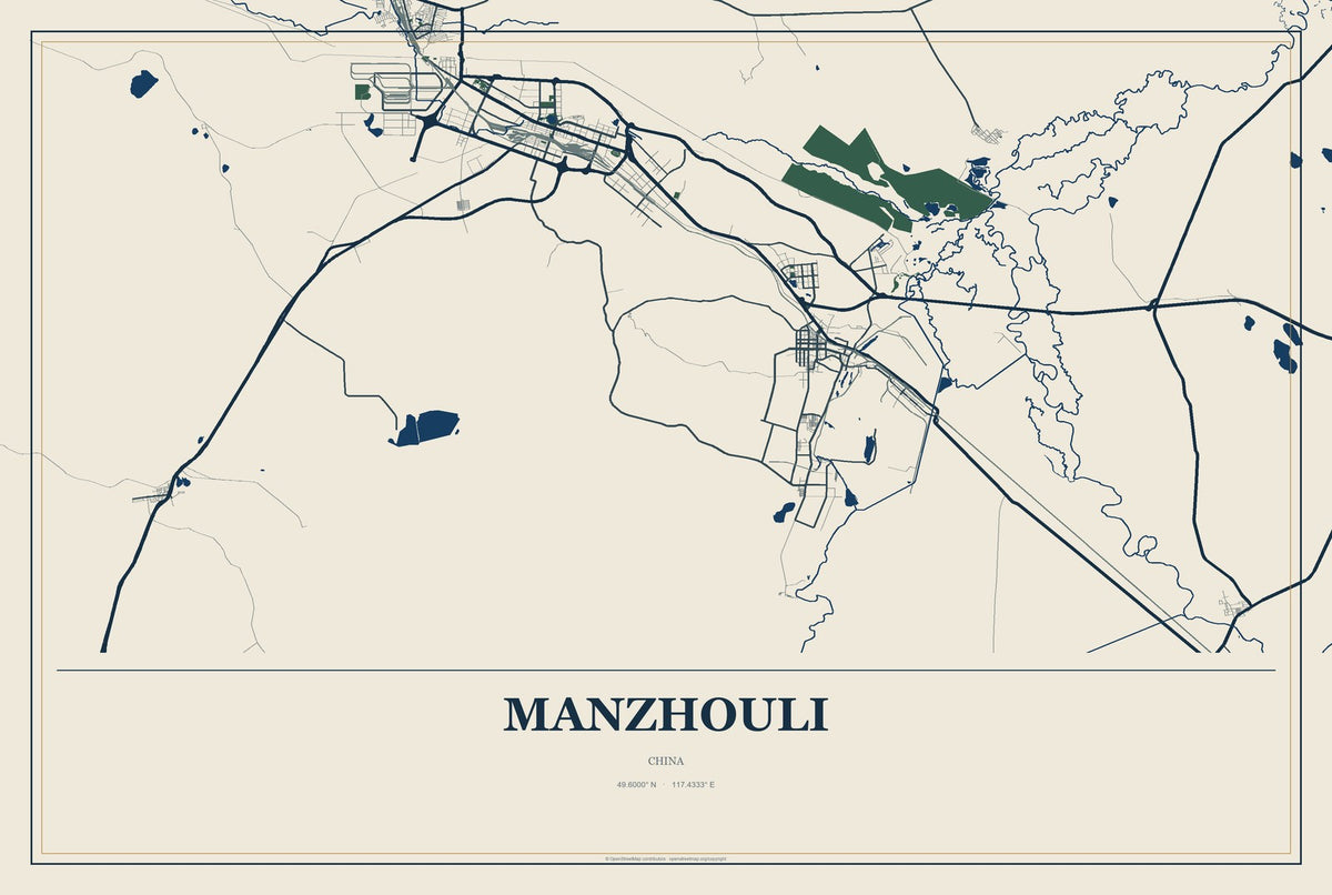 Manzhouli, China City Map Aluminum Sign in Coastal Cutout style