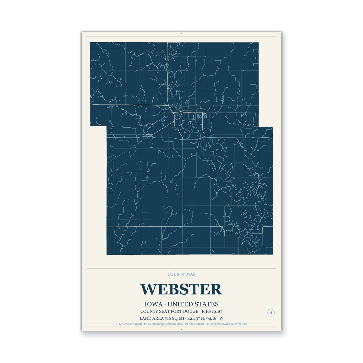 Webster County, Iowa Map Aluminum Sign in Coastal Cutout style