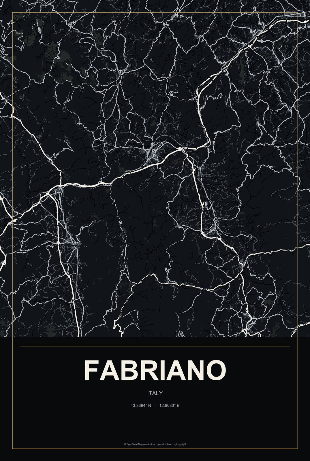 Fabriano, Italy City Map Aluminum Sign in Metropolitan Noir style
