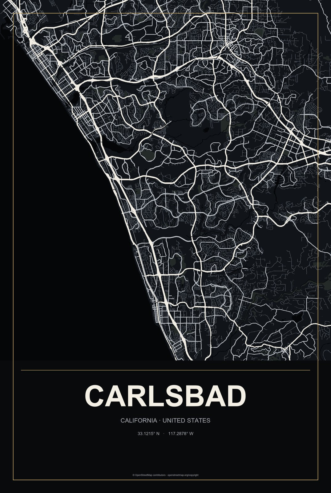 Carlsbad, California City Map Aluminum Sign in Metropolitan Noir style