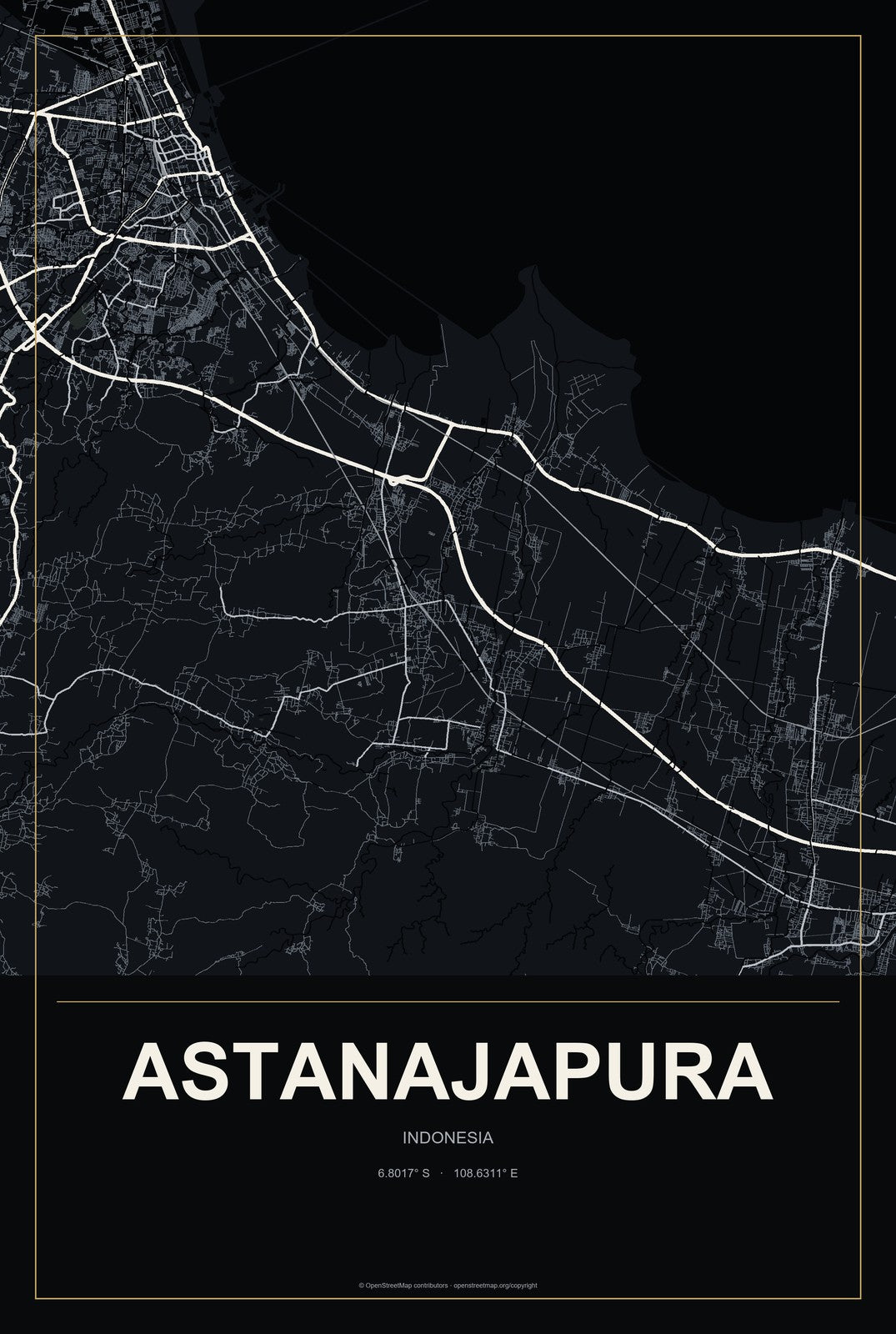 Astanajapura, Indonesia City Map Aluminum Sign in Metropolitan Noir style