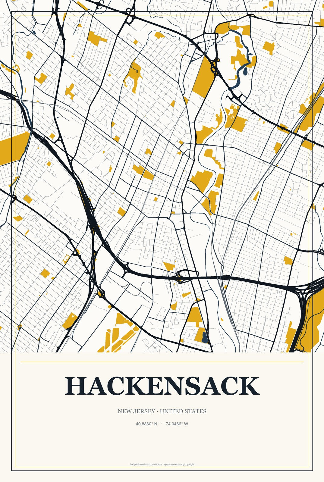 Hackensack, New Jersey City Map Aluminum Sign in Citrine Modern style