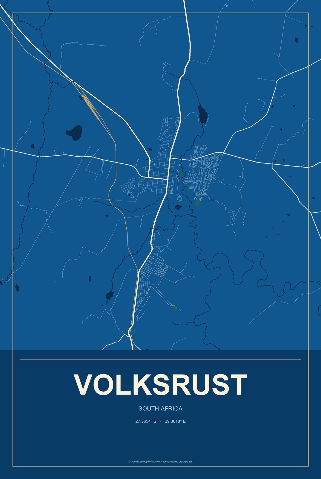 Volksrust, South Africa City Map Aluminum Sign in Harbor Cobalt style