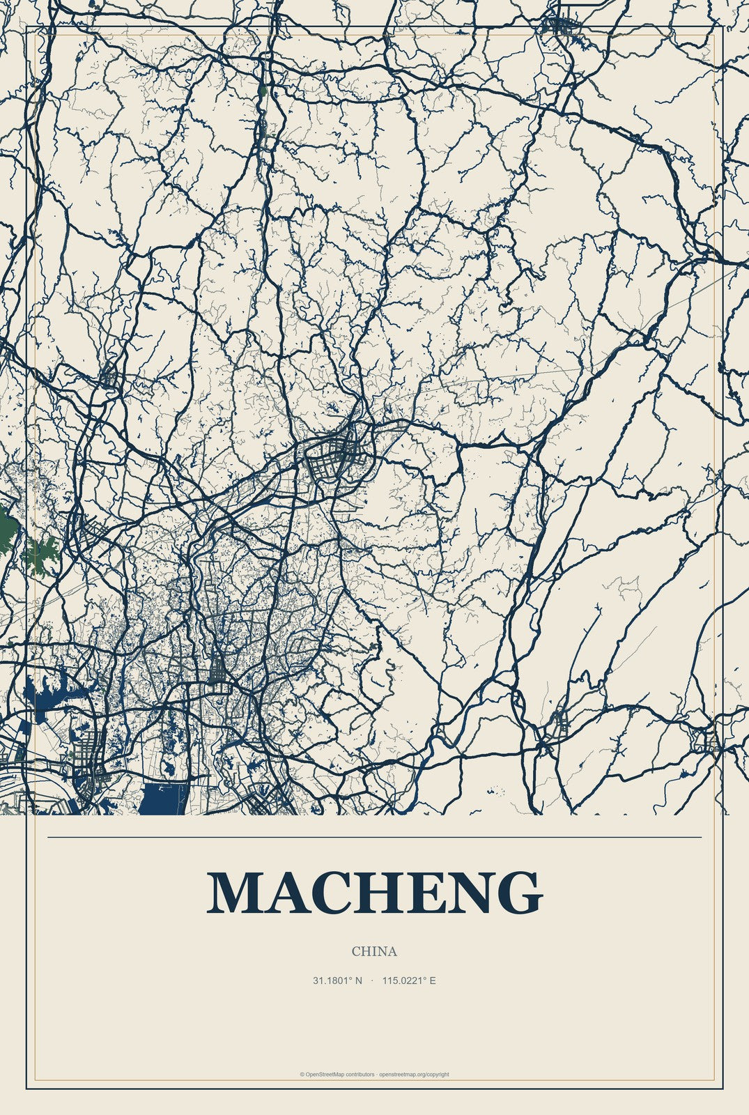Macheng, China City Map Aluminum Sign in Coastal Cutout style