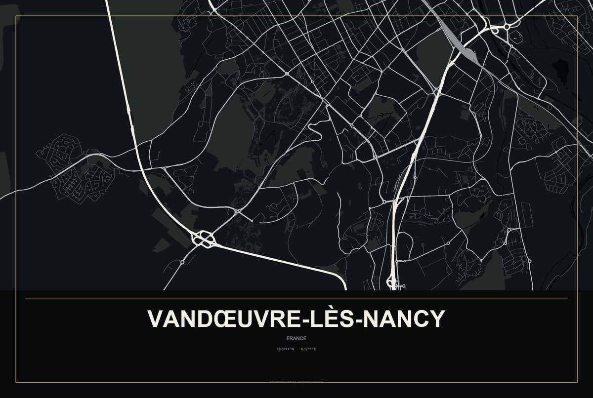 Vandœuvre-lès-Nancy, France City Map Aluminum Sign in Metropolitan Noir style