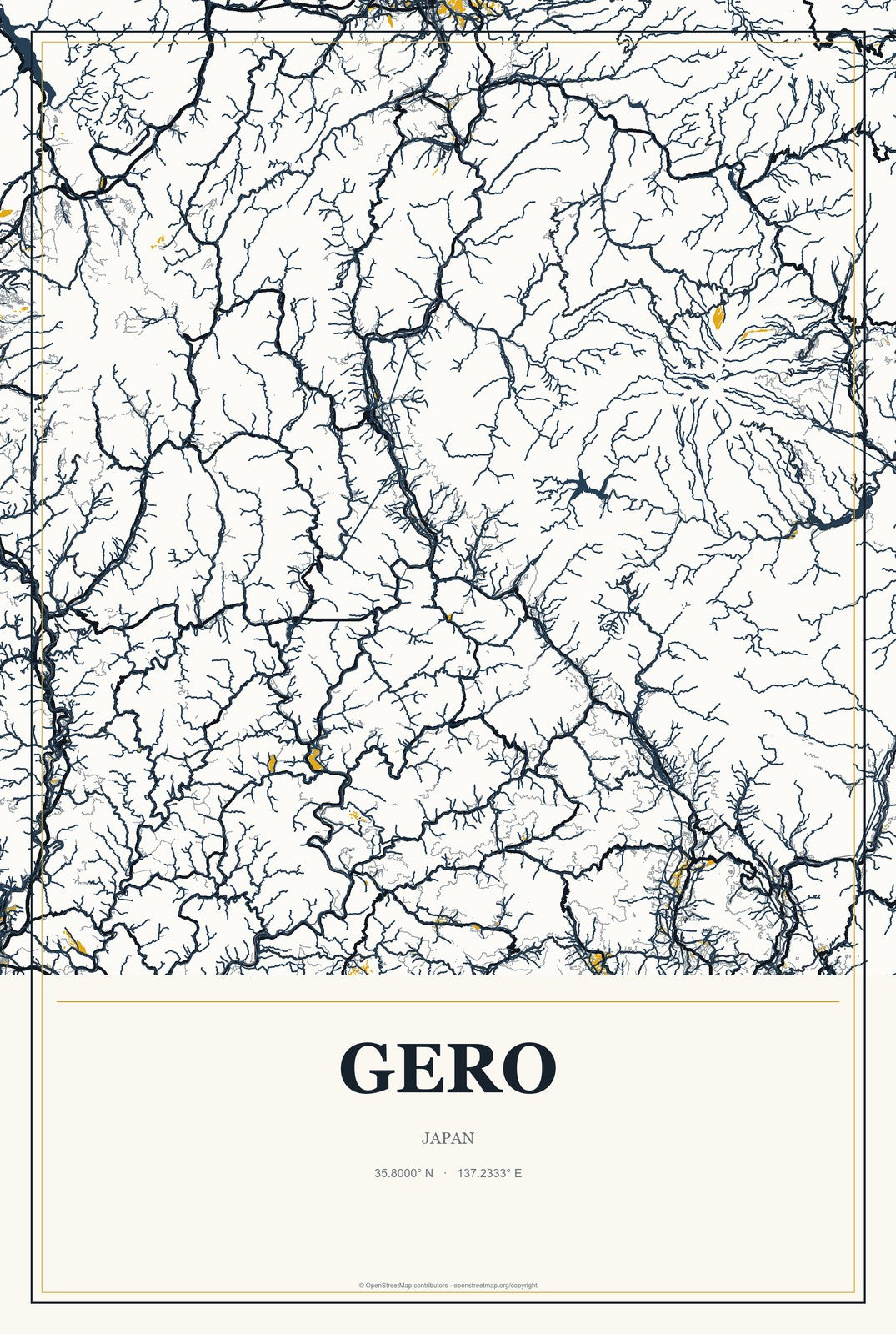 Gero, Japan City Map Aluminum Sign in Citrine Modern style