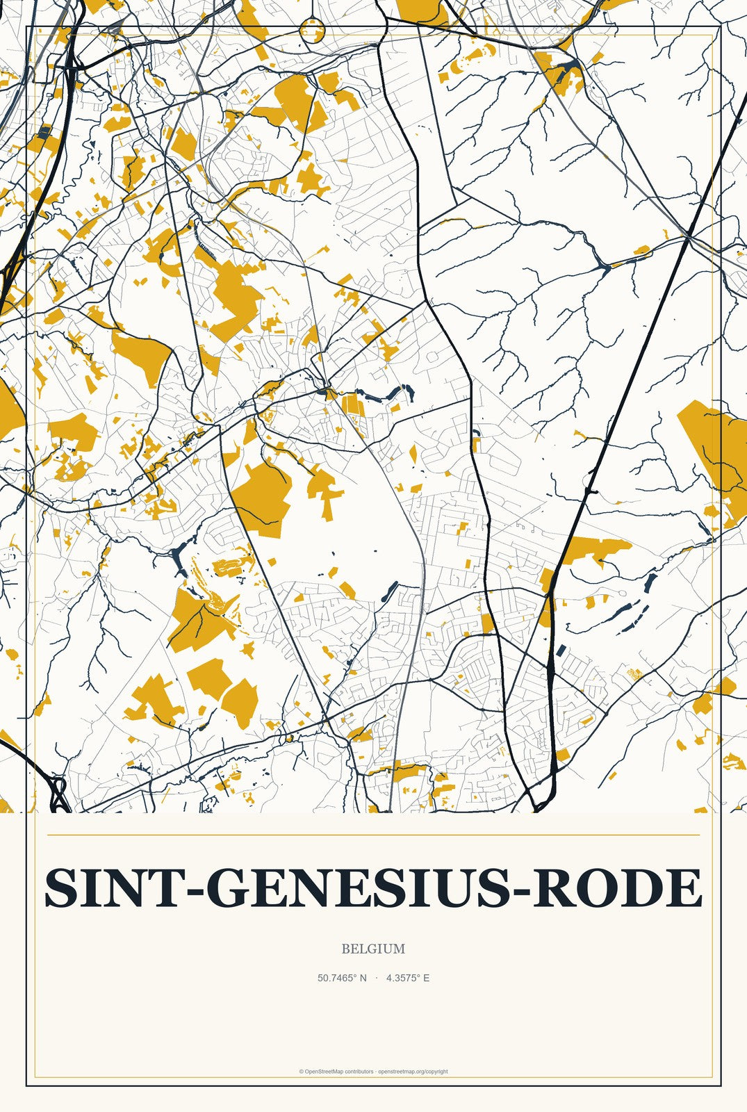 Sint-Genesius-Rode, Belgium City Map Aluminum Sign in Citrine Modern style