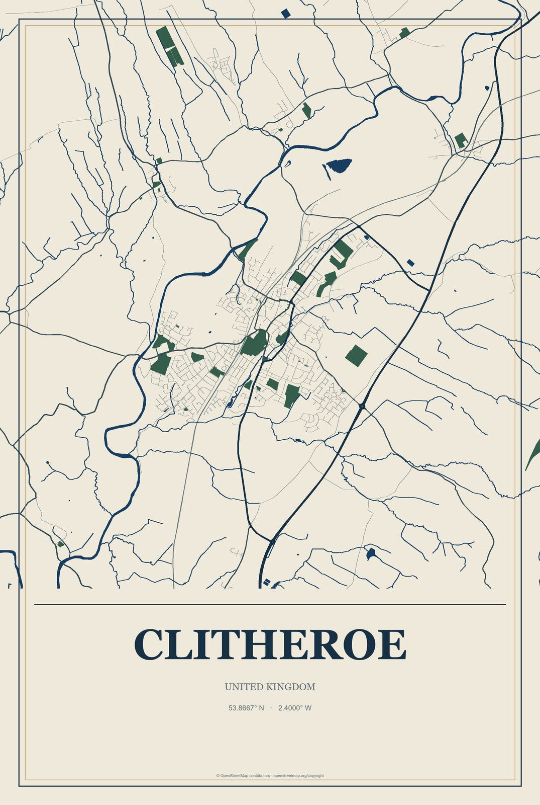 Clitheroe, United Kingdom City Map Aluminum Sign in Coastal Cutout style