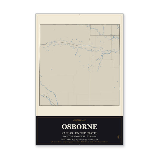 Osborne County, Kansas Map Aluminum Sign in Museum Plaque style
