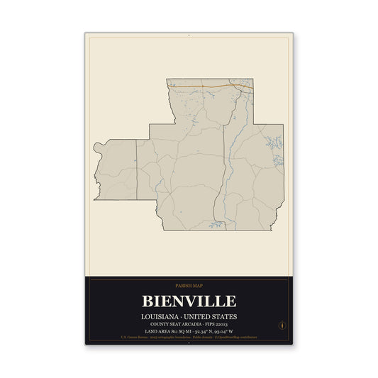 Bienville Parish, Louisiana Map Aluminum Sign in Museum Plaque style
