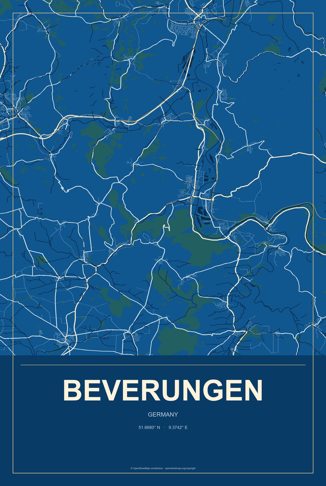 Beverungen, Germany City Map Aluminum Sign in Harbor Cobalt style