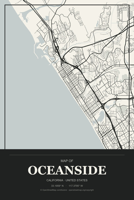 Oceanside, California City Map Aluminum Sign in Museum Plaque style
