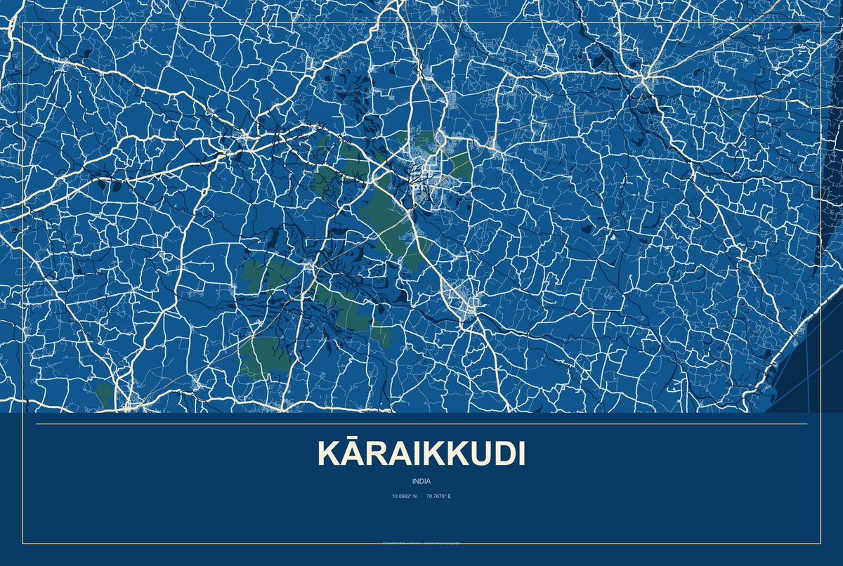 Kāraikkudi, India City Map Aluminum Sign in Harbor Cobalt style