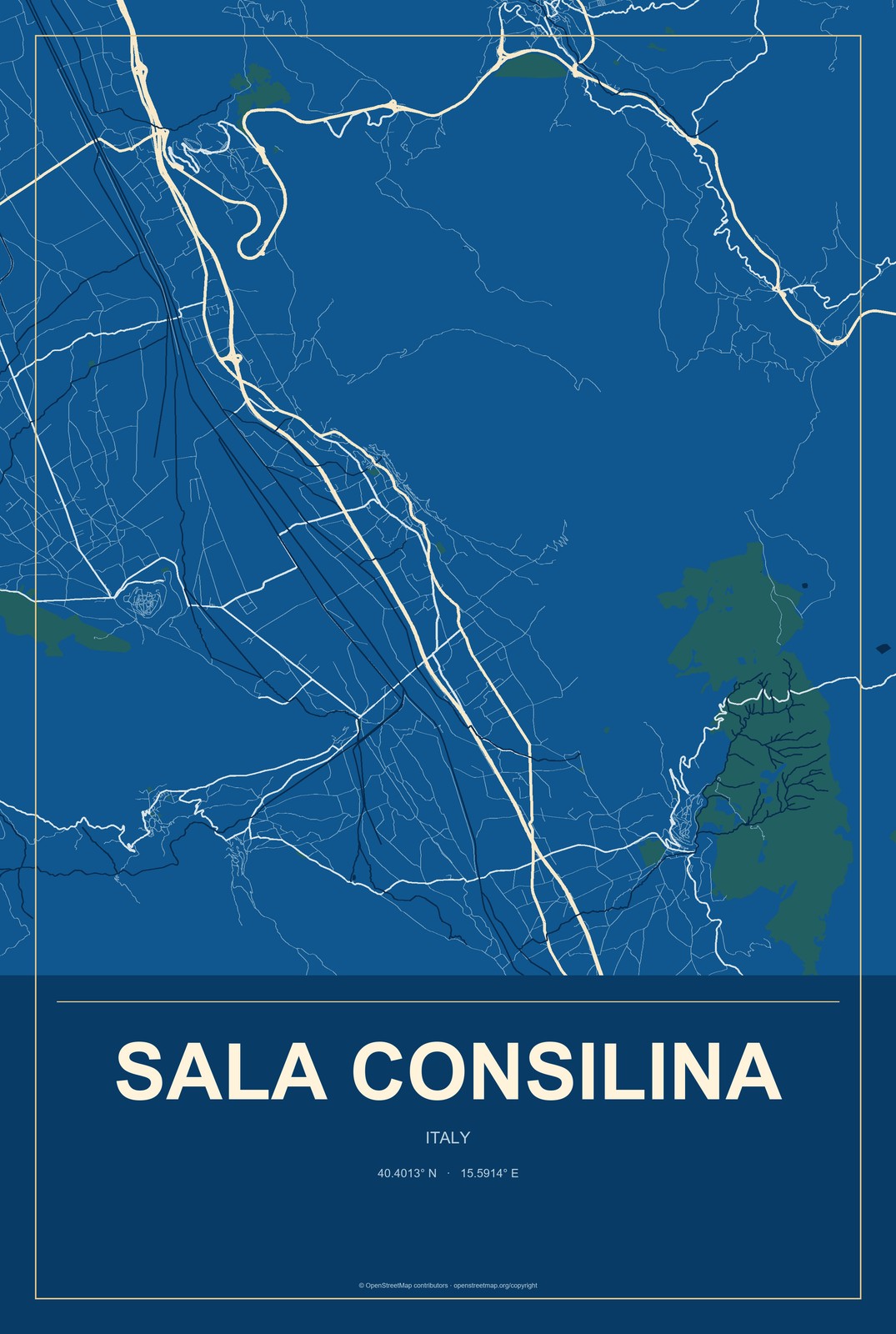 Sala Consilina, Italy City Map Aluminum Sign in Harbor Cobalt style