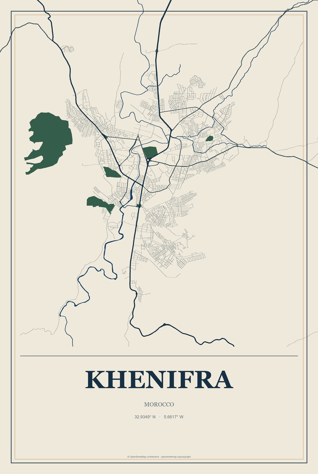 Khenifra, Morocco City Map Aluminum Sign in Coastal Cutout style