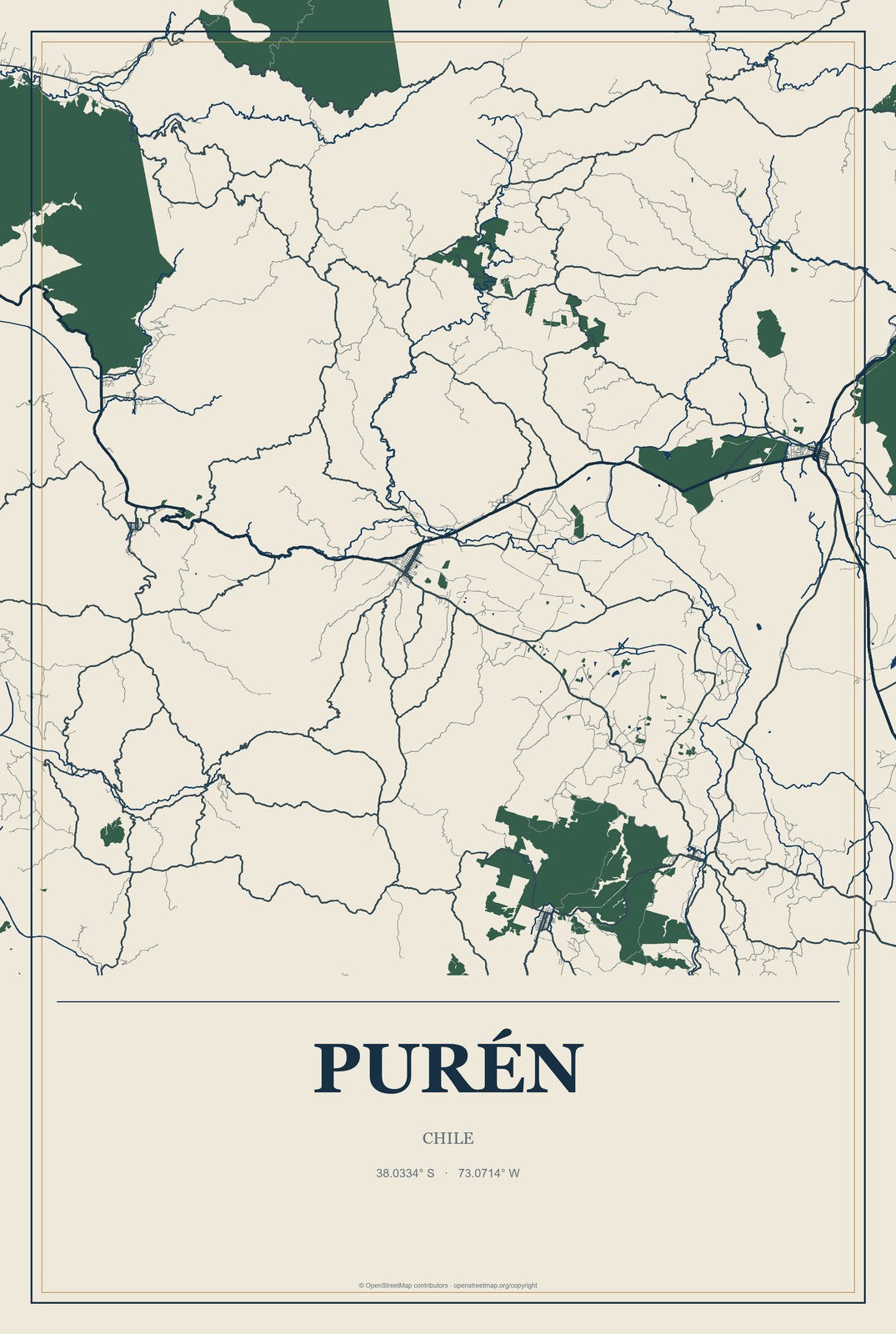 Purén, Chile City Map Aluminum Sign in Coastal Cutout style