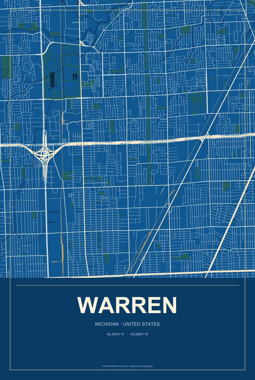 Warren, Michigan City Map Aluminum Sign in Harbor Cobalt style