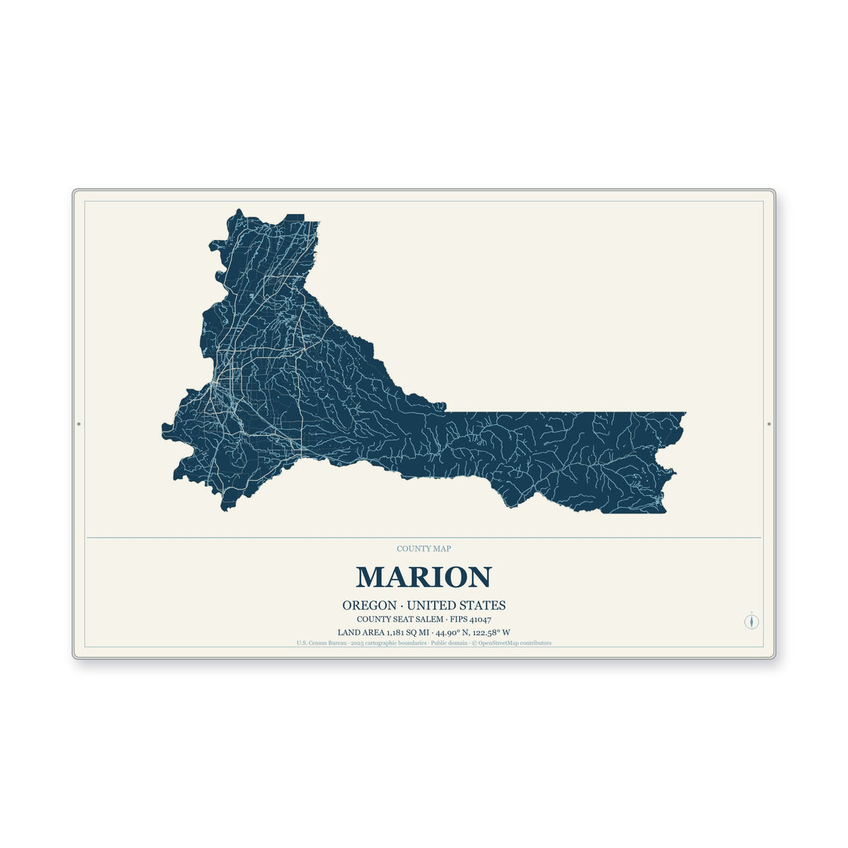 Marion County, Oregon Map Aluminum Sign in Coastal Cutout style