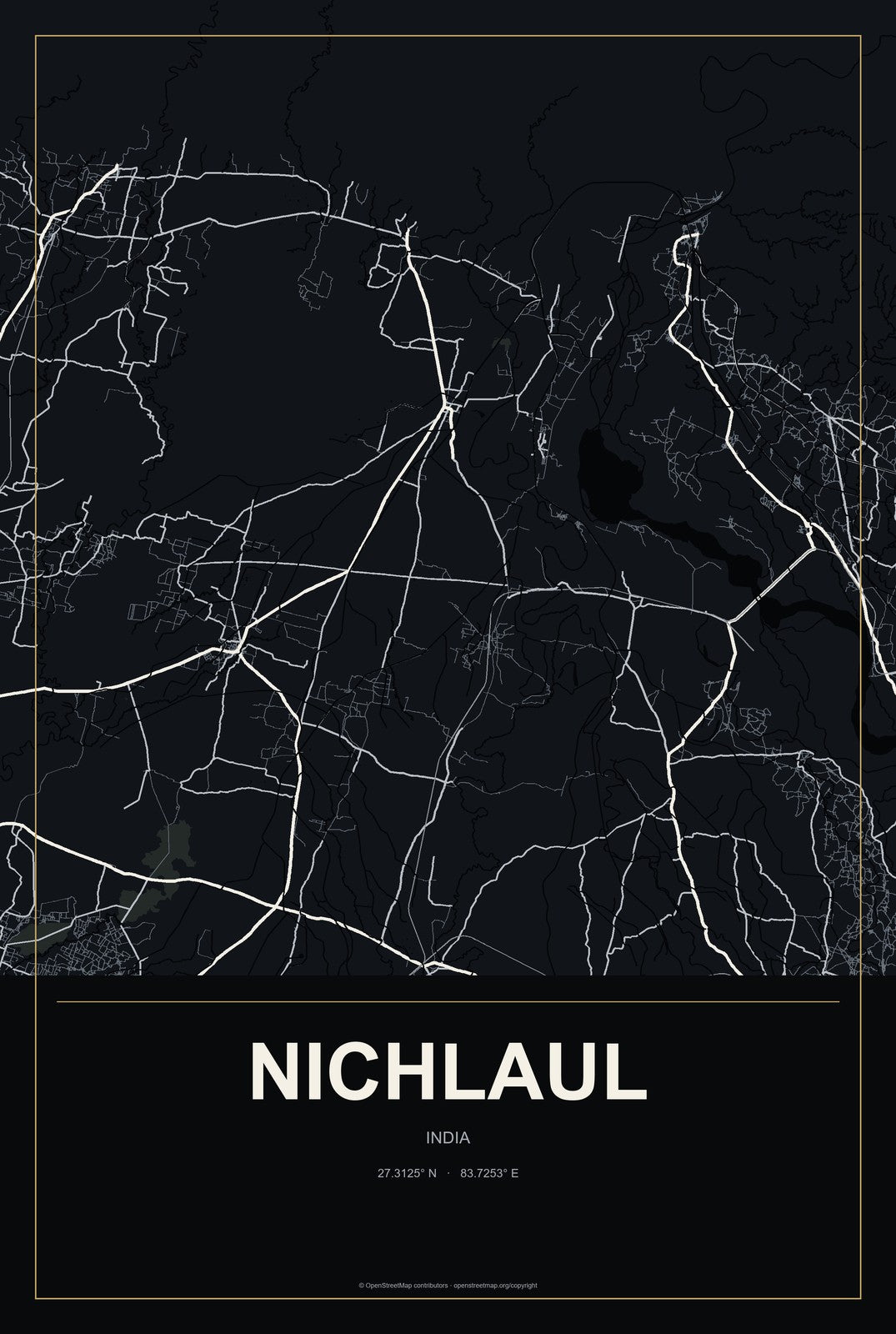 Nichlaul, India City Map Aluminum Sign in Metropolitan Noir style