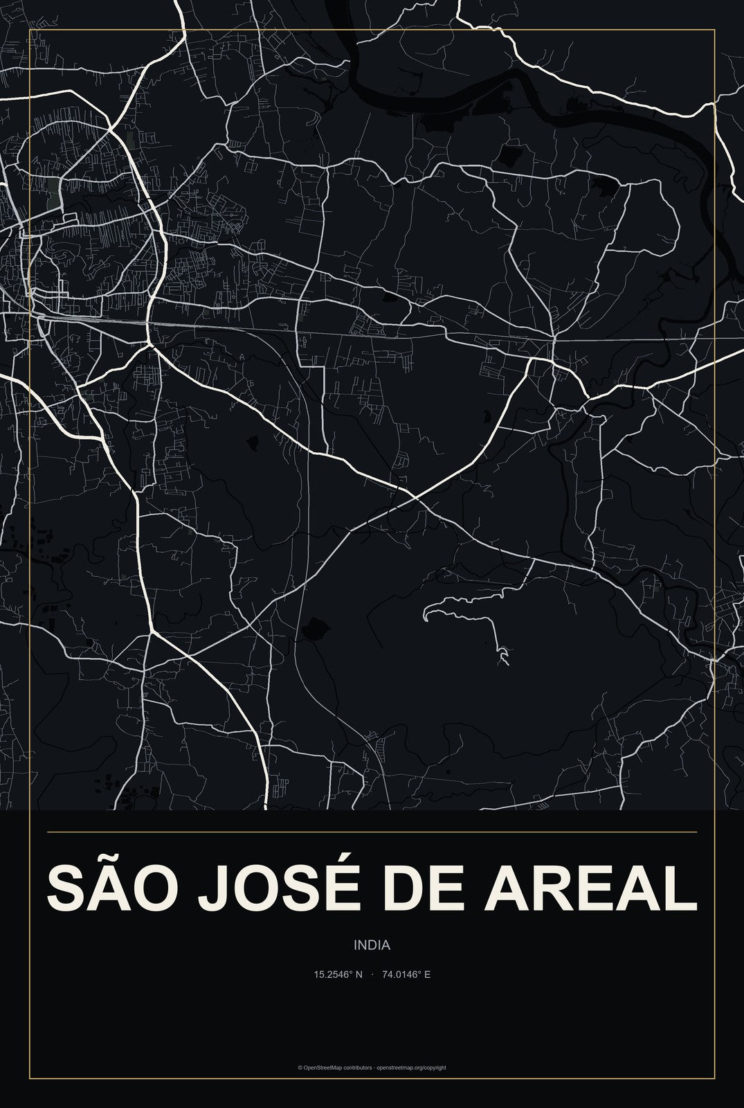 São José de Areal, India City Map Aluminum Sign in Metropolitan Noir style