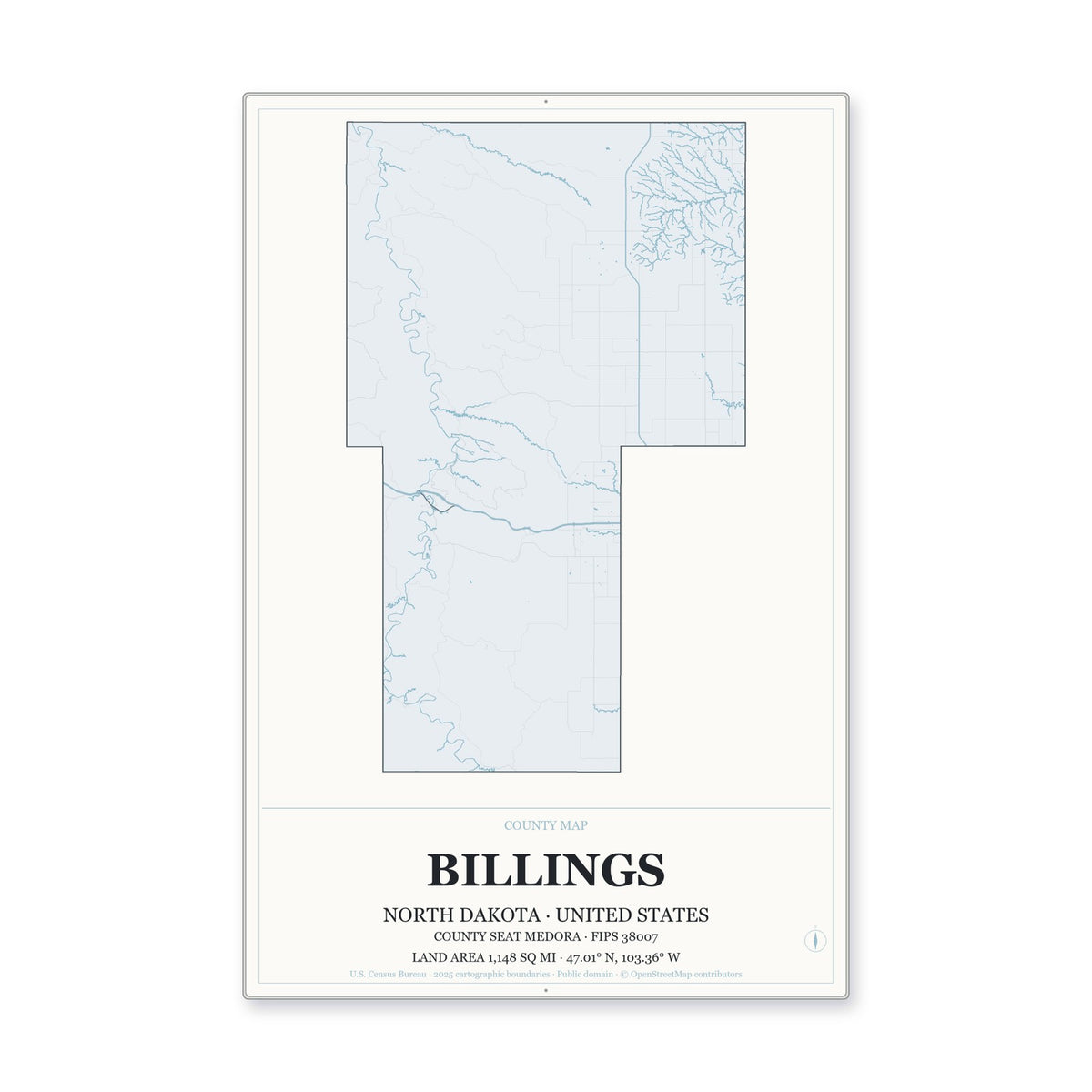 Billings County, North Dakota Map Aluminum Sign in Gallery Air style