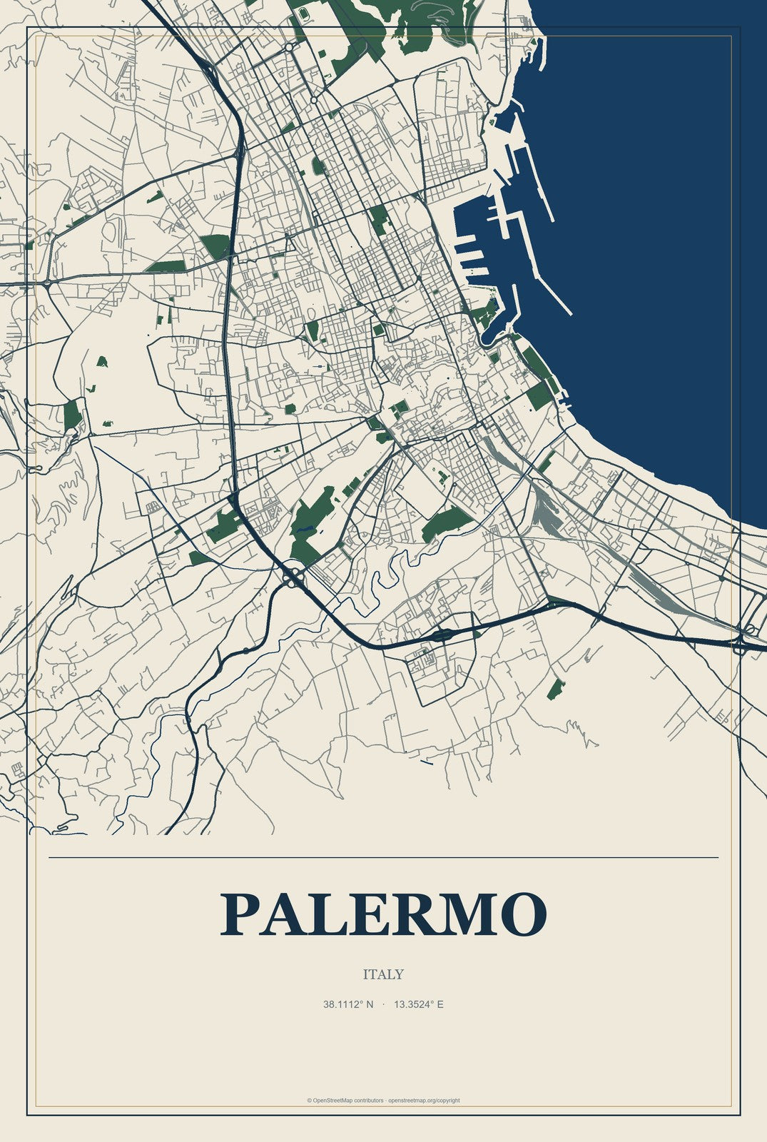 Palermo, Italy City Map Aluminum Sign in Coastal Cutout style