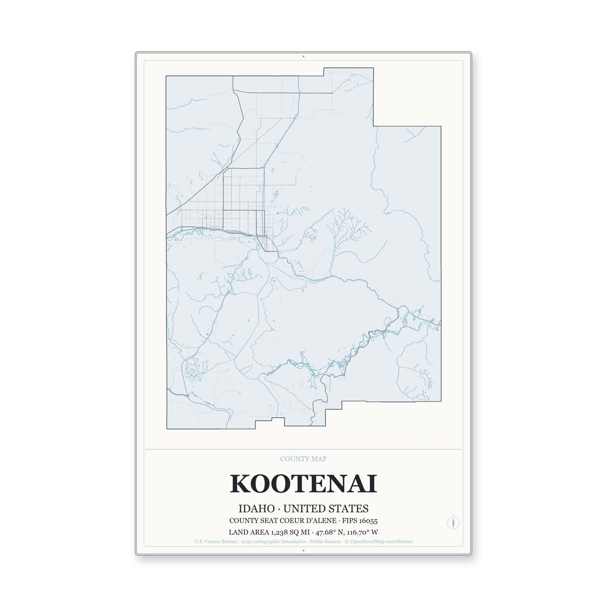 Kootenai County, Idaho Map Aluminum Sign in Gallery Air style