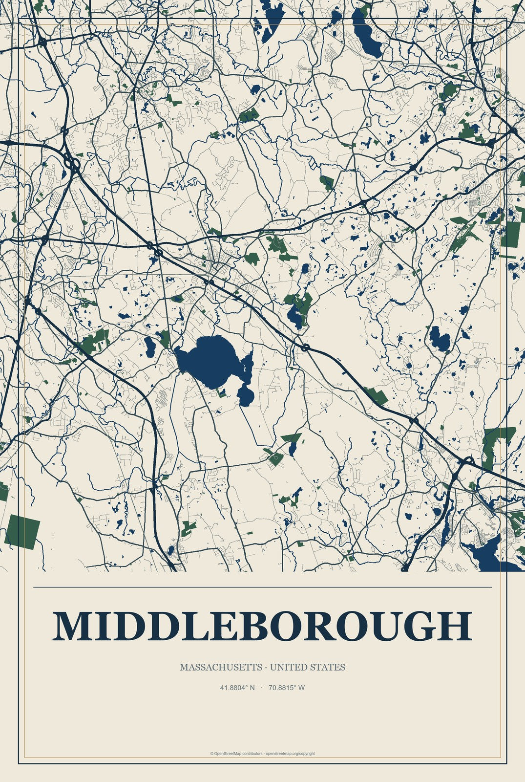 Middleborough, Massachusetts City Map Aluminum Sign in Coastal Cutout style